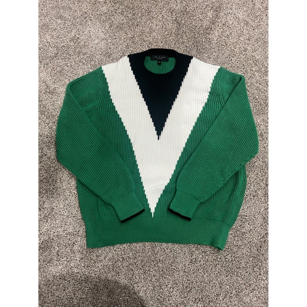 Rag & Bone Mens Green Colorblock Chevron Rib Knit Cotton Sweater Large